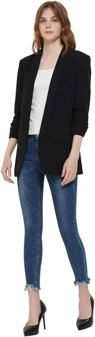 Womens 3/4 Ruched Sleeve Blazer Jacket Lightweight Work Office Open Front Solid Coat, Black