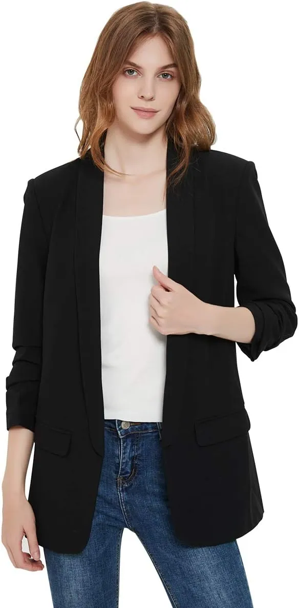 Womens 3/4 Ruched Sleeve Blazer Jacket Lightweight Work Office Open Front Solid Coat, Black