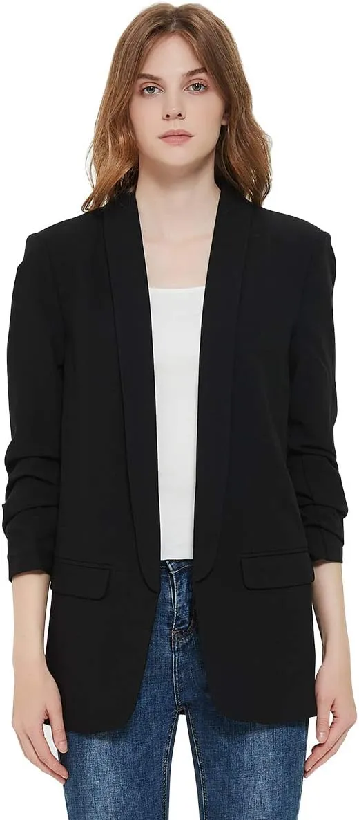 Womens 3/4 Ruched Sleeve Blazer Jacket Lightweight Work Office Open Front Solid Coat, Black