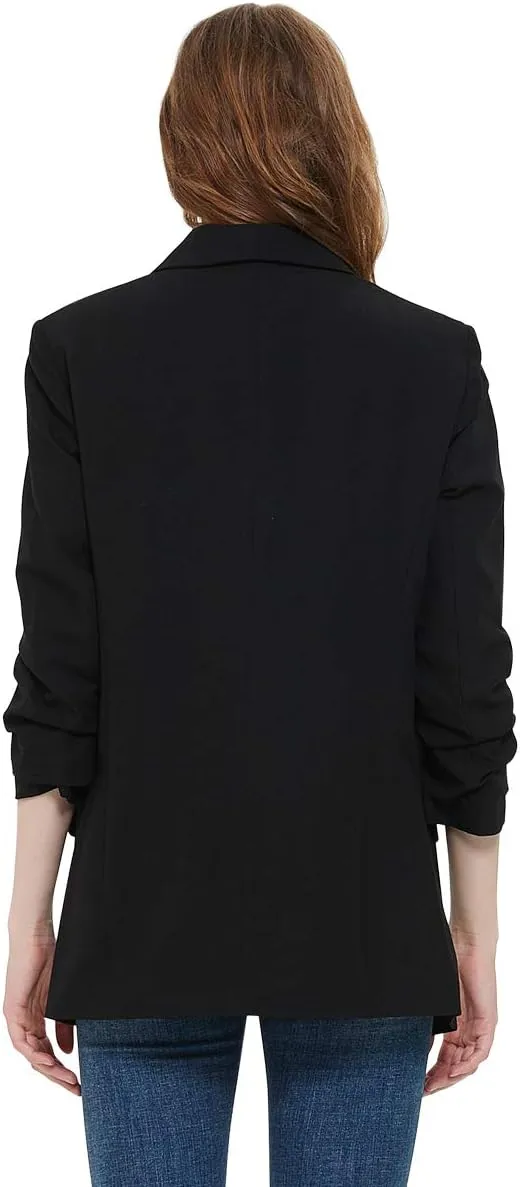 Womens 3/4 Ruched Sleeve Blazer Jacket Lightweight Work Office Open Front Solid Coat, Black