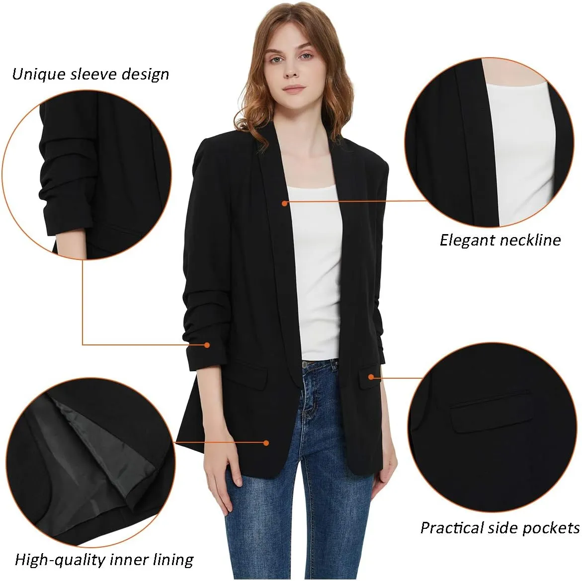 Womens 3/4 Ruched Sleeve Blazer Jacket Lightweight Work Office Open Front Solid Coat, Black
