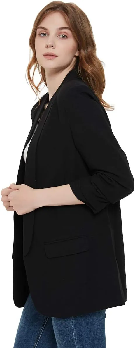 Womens 3/4 Ruched Sleeve Blazer Jacket Lightweight Work Office Open Front Solid Coat, Black