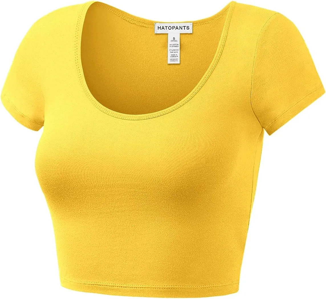 Women's Cotton Basic Scoop Neck Crop Tops Short Sleeve Tops