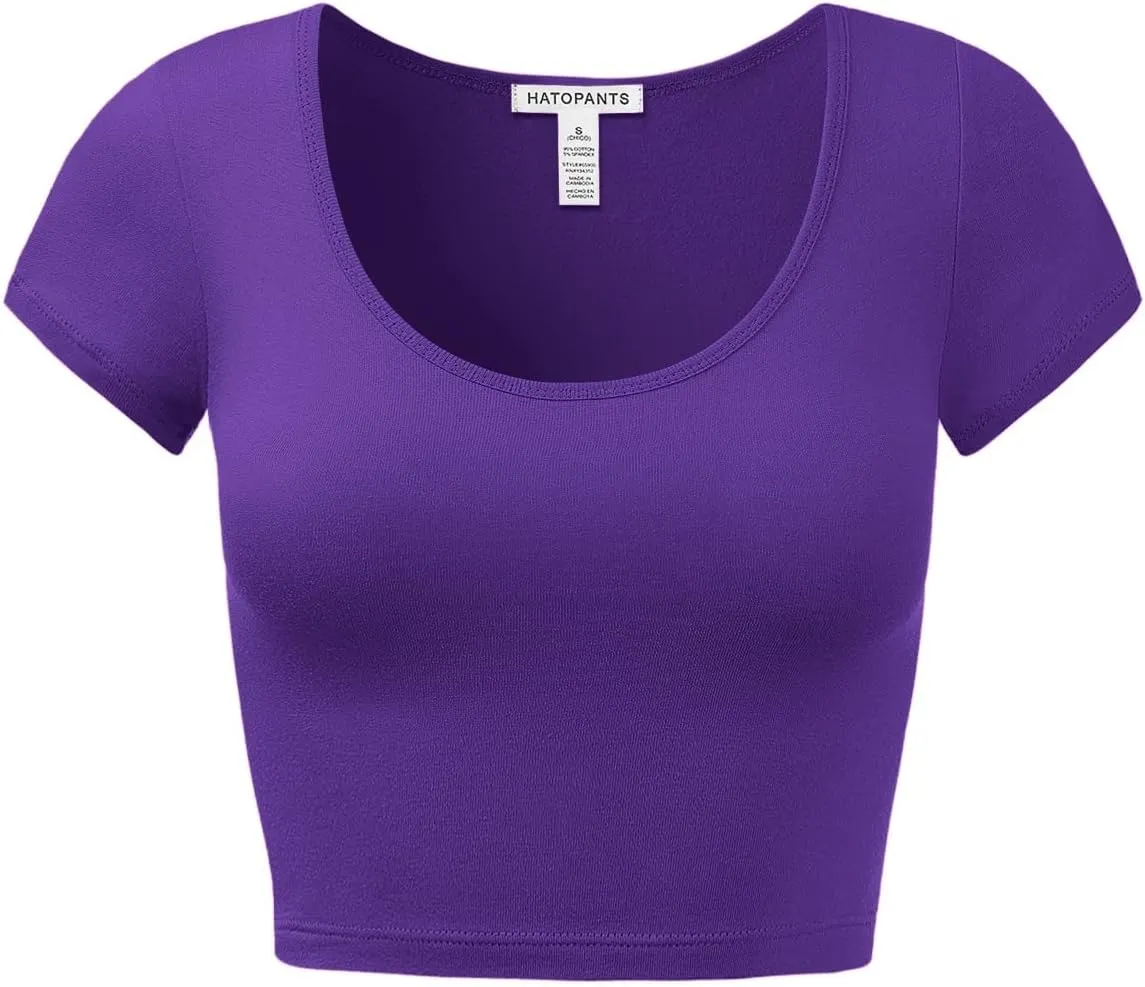 Women's Cotton Basic Scoop Neck Crop Tops Short Sleeve Tops