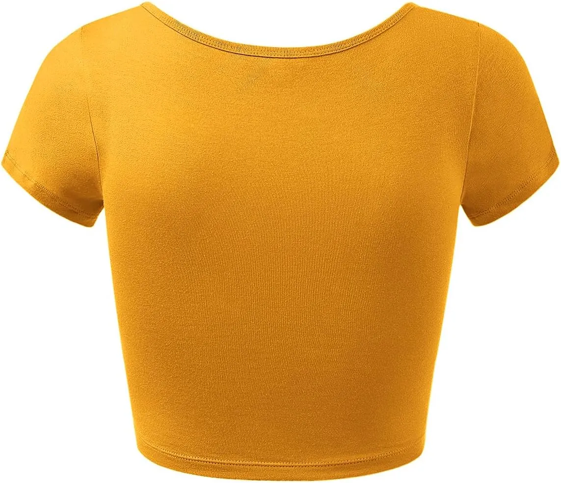 Women's Cotton Basic Scoop Neck Crop Tops Short Sleeve Tops