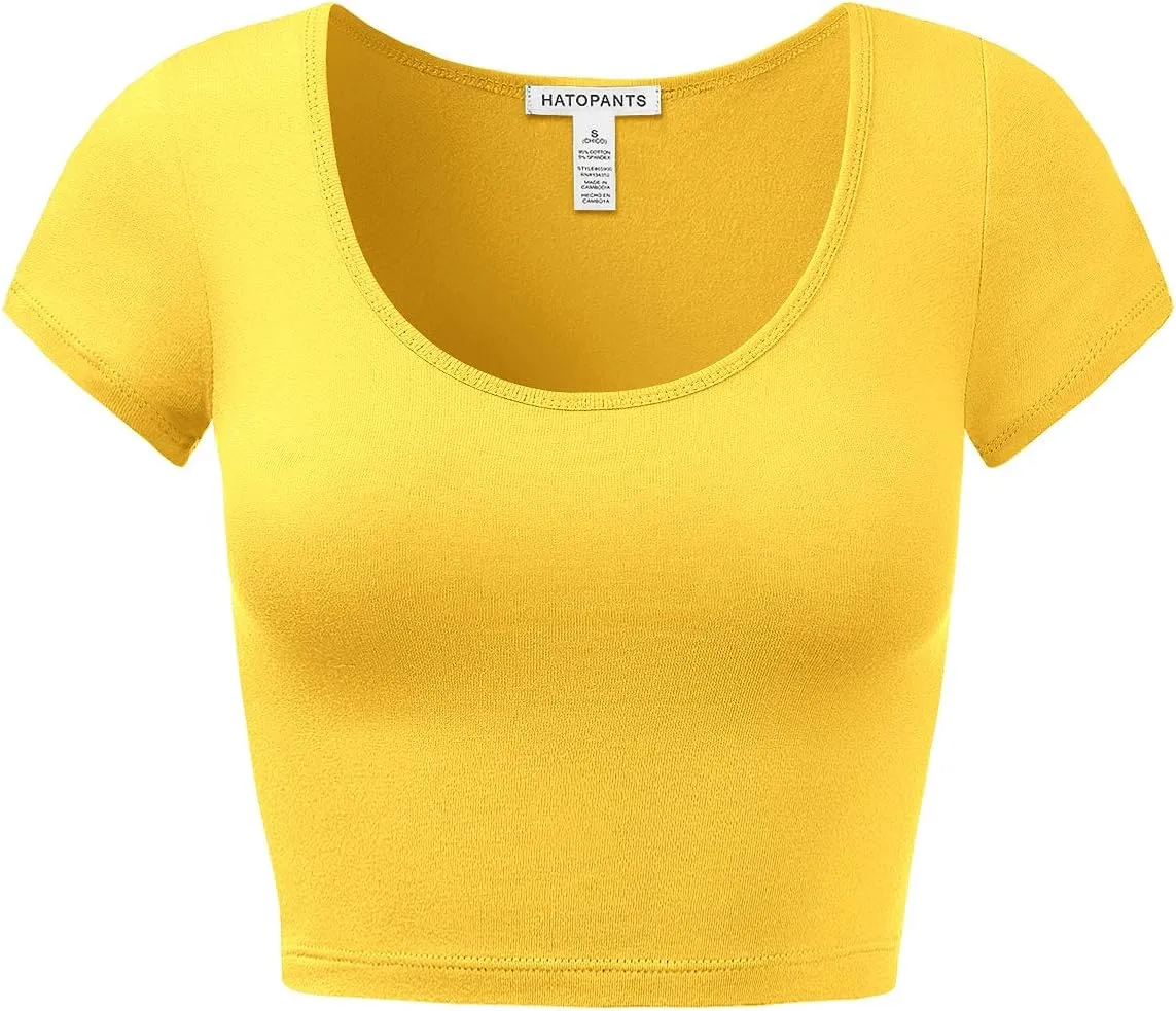 Women's Cotton Basic Scoop Neck Crop Tops Short Sleeve Tops
