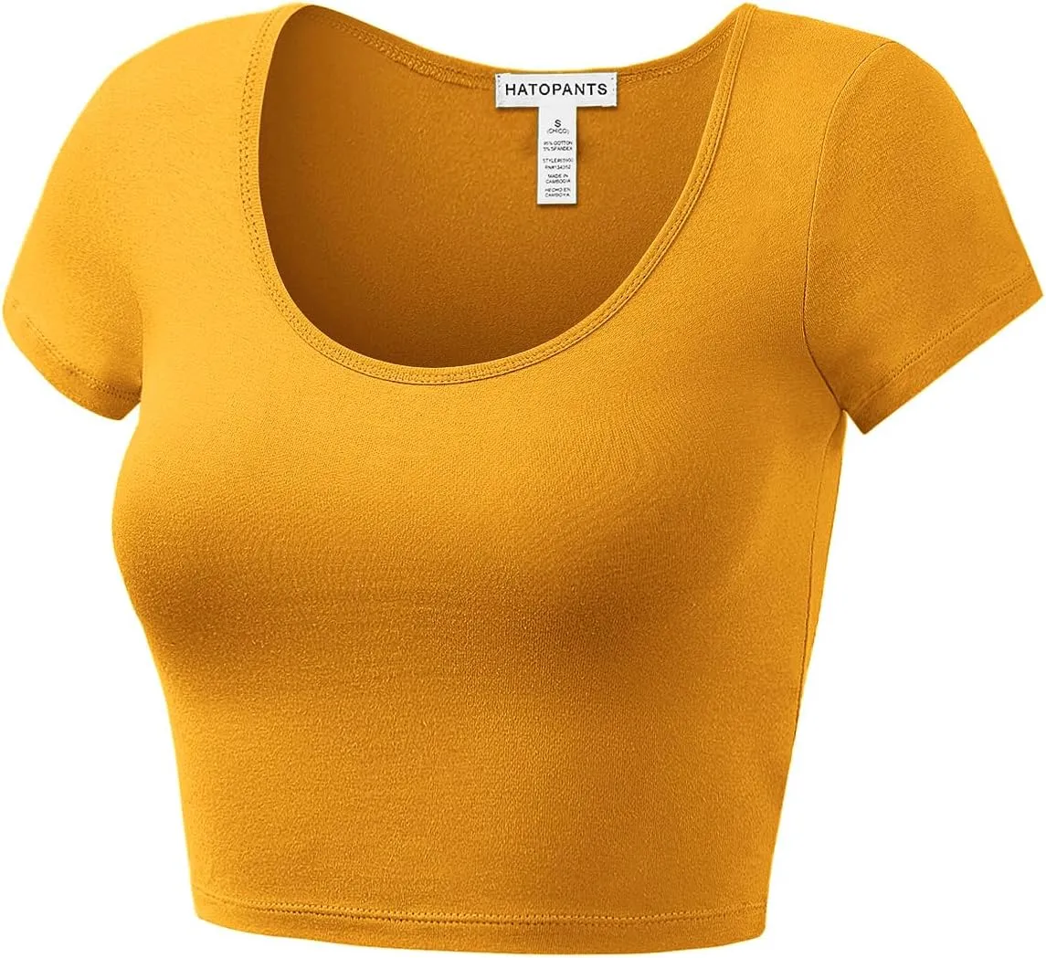 Women's Cotton Basic Scoop Neck Crop Tops Short Sleeve Tops