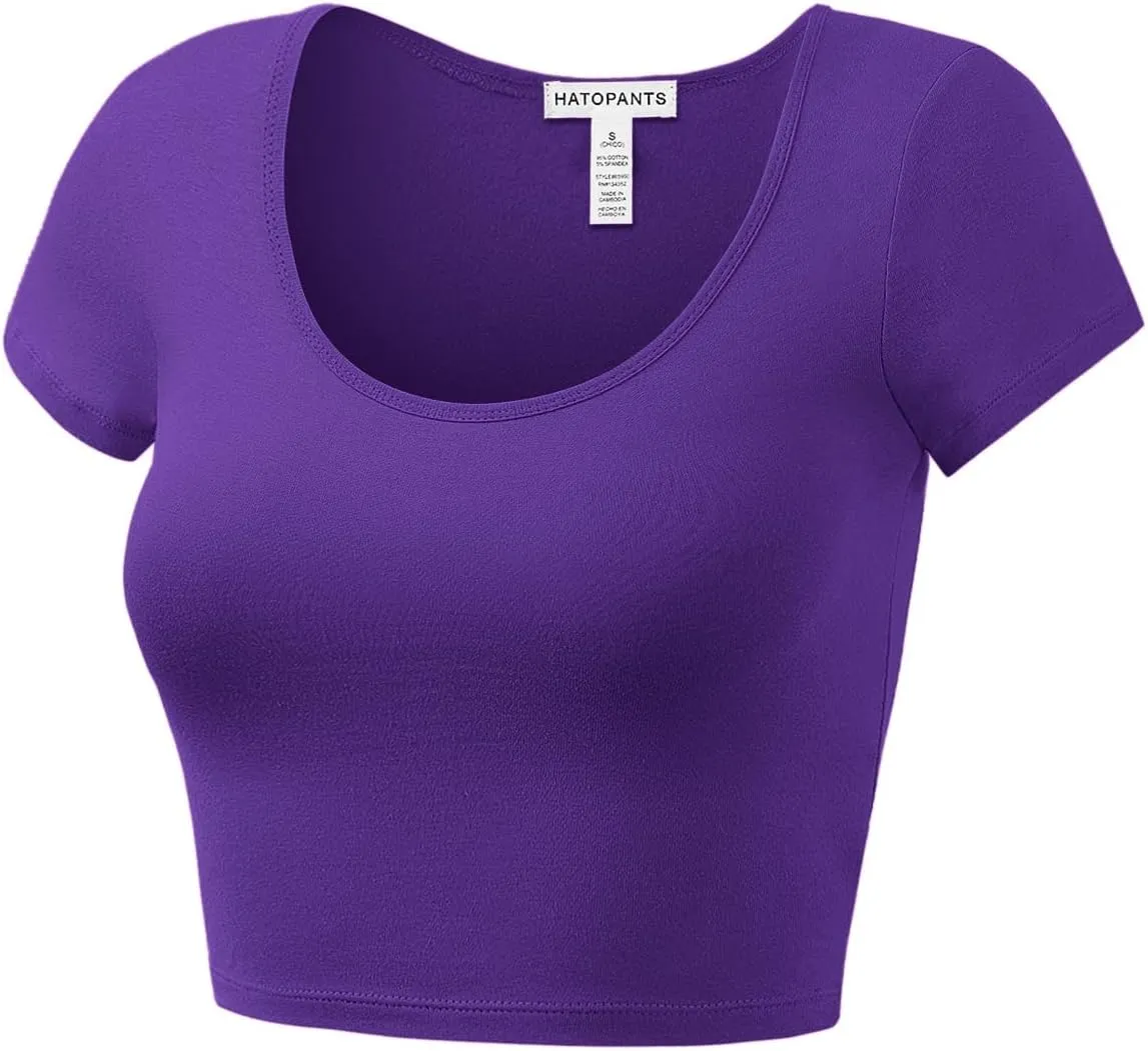 Women's Cotton Basic Scoop Neck Crop Tops Short Sleeve Tops