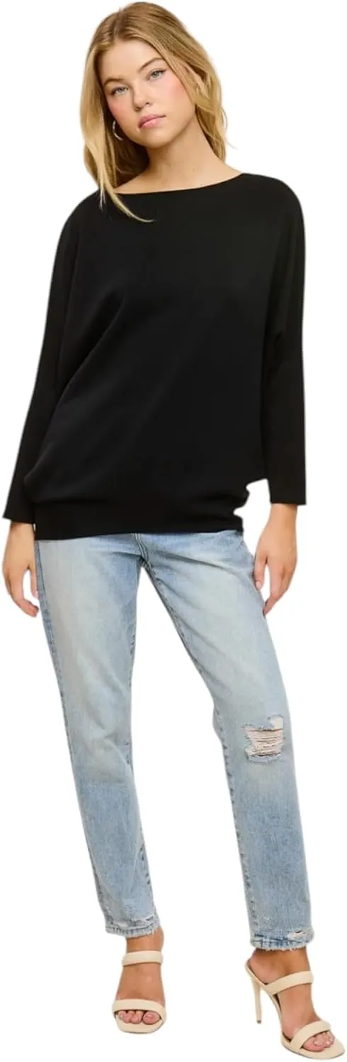 Women's Dolman Long Sleeve, Batwing, Ultra Soft Scuba, Boat Neck Top-Black, Rust, White, Olive, Navy, Heather Gray, Graphite