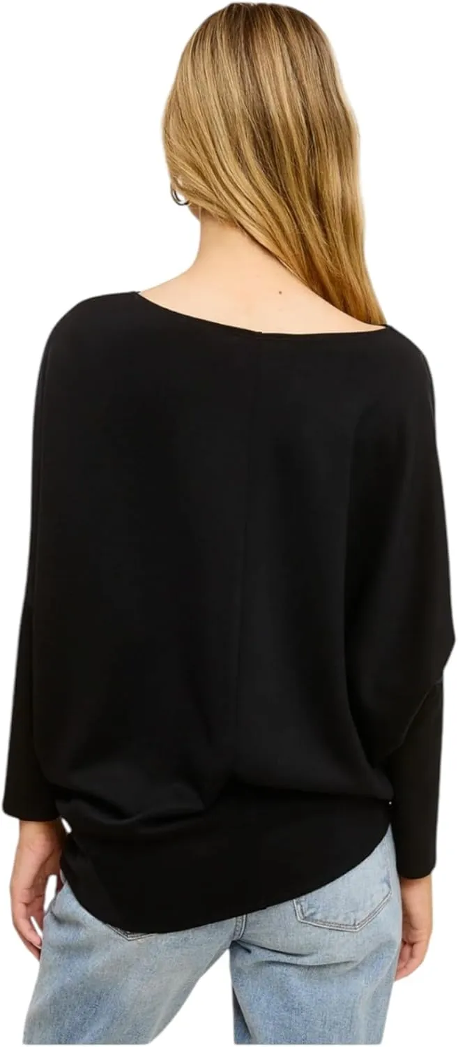 Women's Dolman Long Sleeve, Batwing, Ultra Soft Scuba, Boat Neck Top-Black, Rust, White, Olive, Navy, Heather Gray, Graphite