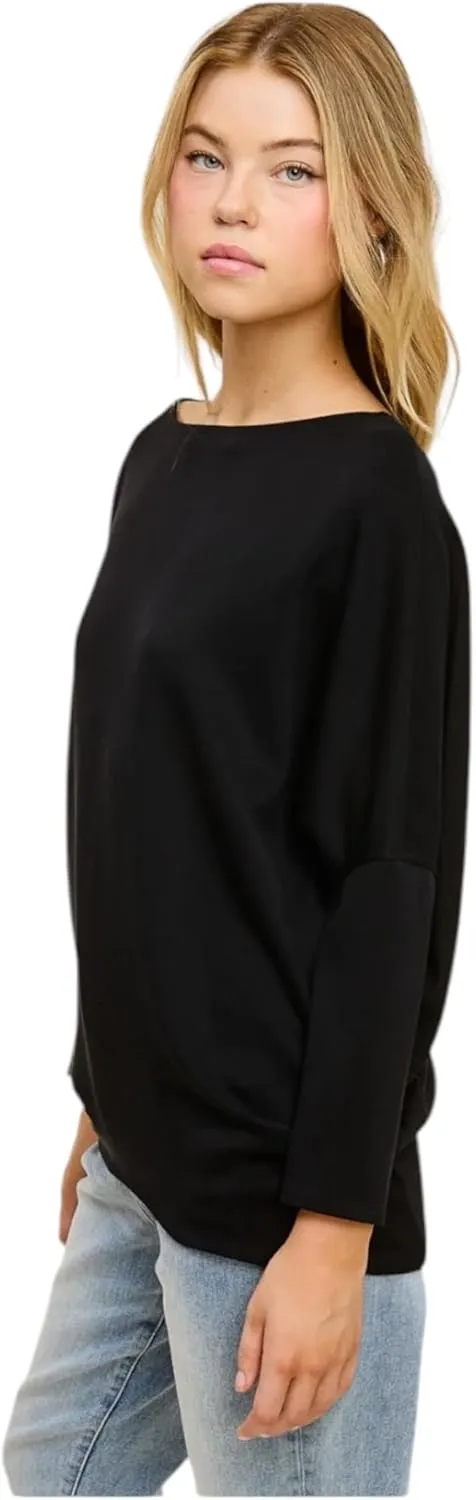 Women's Dolman Long Sleeve, Batwing, Ultra Soft Scuba, Boat Neck Top-Black, Rust, White, Olive, Navy, Heather Gray, Graphite