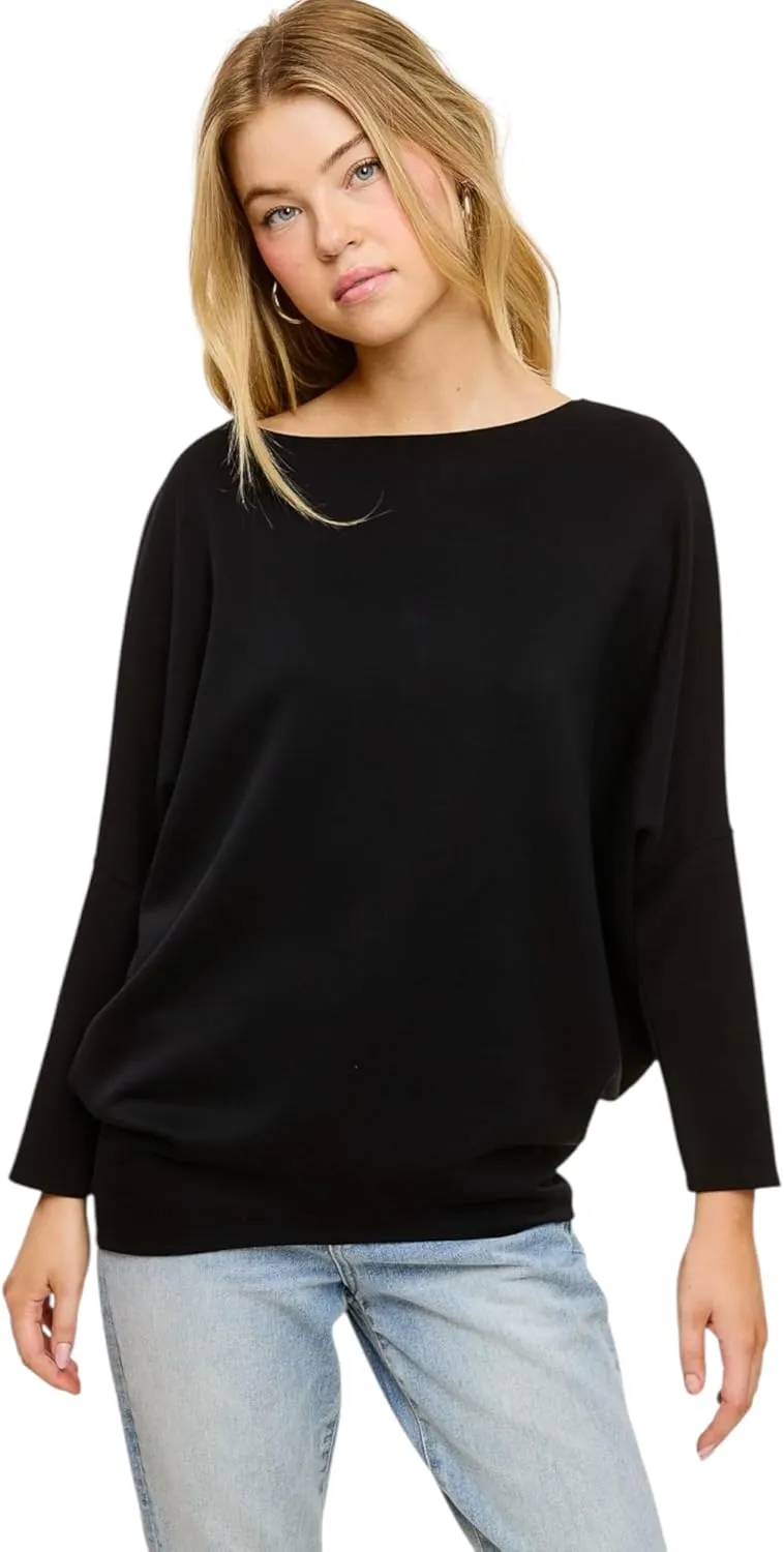 Women's Dolman Long Sleeve, Batwing, Ultra Soft Scuba, Boat Neck Top-Black, Rust, White, Olive, Navy, Heather Gray, Graphite