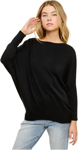 Women's Dolman Long Sleeve, Batwing, Ultra Soft Scuba, Boat Neck Top-Black, Rust, White, Olive, Navy, Heather Gray, Graphite