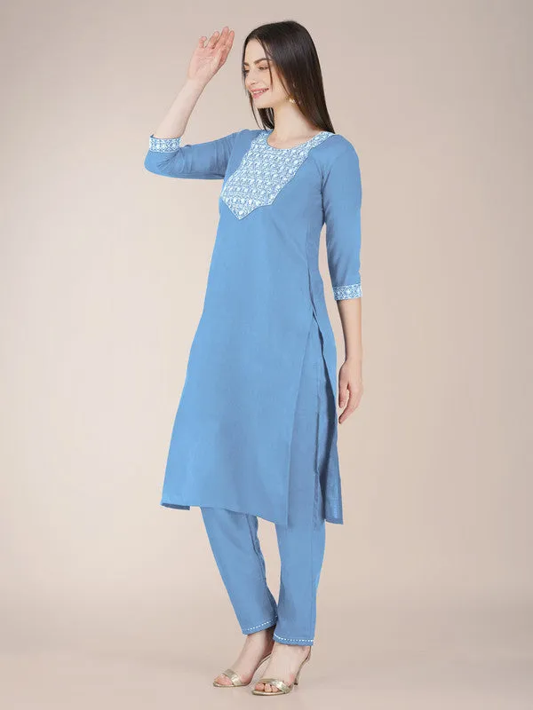 Womens Embroidered Sky Blue Cotton Blend Kurta Pant Set