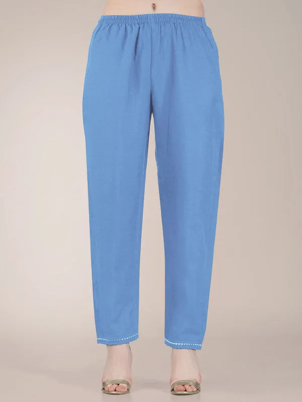 Womens Embroidered Sky Blue Cotton Blend Kurta Pant Set